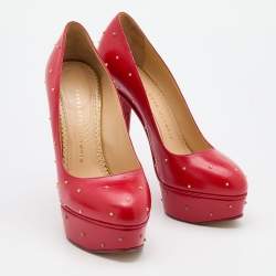 Charlotte Olympia Red Leather Studded Block Heel Platform Pumps Size 37