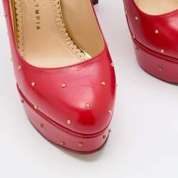 Charlotte Olympia Red Leather Studded Block Heel Platform Pumps Size 37