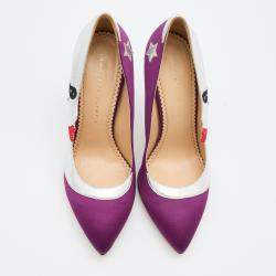 مملوكة مسبقًا Charlotte Olympia Purple/Silver Satin And Leather Luna Eclipse Pumps Size 39