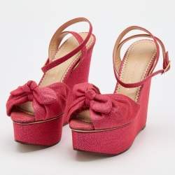 Charlotte Olympia Pink Glitter Fabric Velour Wedge Platform Sandals Size 39