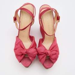 Charlotte Olympia Pink Glitter Fabric Velour Wedge Platform Sandals Size 39