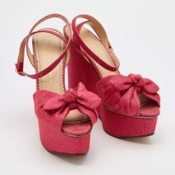 Charlotte Olympia Pink Glitter Fabric Velour Wedge Platform Sandals Size 39