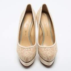 Charlotte Olympia Cream Lace Polly Platform Pumps Size 38.5