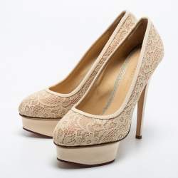 Charlotte Olympia Cream Lace Polly Platform Pumps Size 38.5