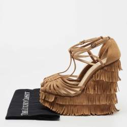 Charlotte Olympia Tan Suede Winona Fringe Wedge Sandals Size 39