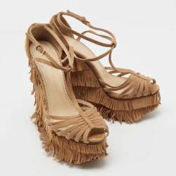 Charlotte Olympia Tan Suede Winona Fringe Wedge Sandals Size 39