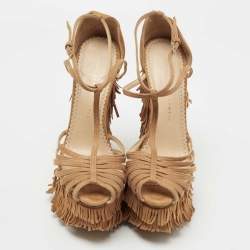 Charlotte Olympia Tan Suede Winona Fringe Wedge Sandals Size 39