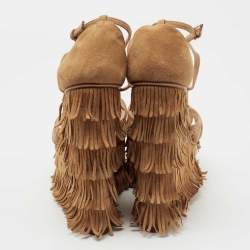 Charlotte Olympia Tan Suede Winona Fringe Wedge Sandals Size 39