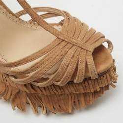 Charlotte Olympia Tan Suede Winona Fringe Wedge Sandals Size 39