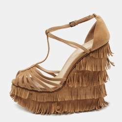 Charlotte Olympia Tan Suede Winona Fringe Wedge Sandals Size 39