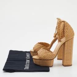 Pre Owned Charlotte Olympia Beige Woven Leather Platform Ankle Strap Sandals Size 35