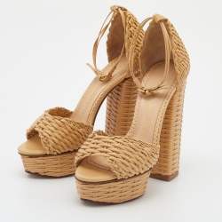 Pre Owned Charlotte Olympia Beige Woven Leather Platform Ankle Strap Sandals Size 35
