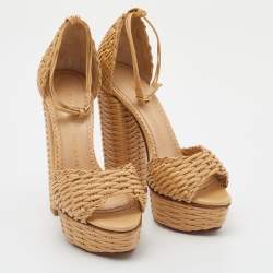 Pre Owned Charlotte Olympia Beige Woven Leather Platform Ankle Strap Sandals Size 35