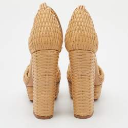 Pre Owned Charlotte Olympia Beige Woven Leather Platform Ankle Strap Sandals Size 35