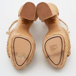 Pre Owned Charlotte Olympia Beige Woven Leather Platform Ankle Strap Sandals Size 35