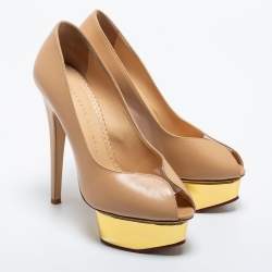 Pre Owned Charlotte Olympia Beige Leather Daphne Platform Pumps Size 35