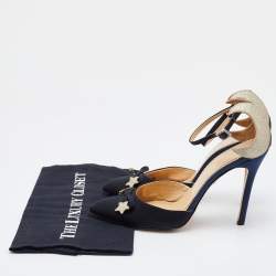 Pre Owned Charlotte Olympia Black/Gold Fabric and Leather Astrid Star Accent Ankle Strap Pumps Size 40