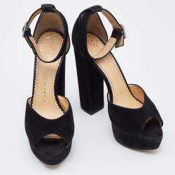 Pre Owned حذاء كعب عالي شارلوت أوليمبيا نعل سميك شريط للكاحل سويدي أسود مقاس 37.5