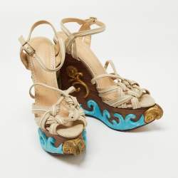 Charlotte Olympia Beige Canvas and Leather Maiden Voyage Platform Wedge Sandals Size 37