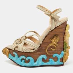 Charlotte Olympia Beige Canvas and Leather Maiden Voyage Platform Wedge Sandals Size 37