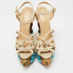 Charlotte Olympia Beige Canvas and Leather Maiden Voyage Platform Wedge Sandals Size 37