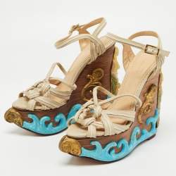 Charlotte Olympia Beige Canvas and Leather Maiden Voyage Platform Wedge Sandals Size 37