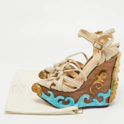 Charlotte Olympia Beige Canvas and Leather Maiden Voyage Platform Wedge Sandals Size 37