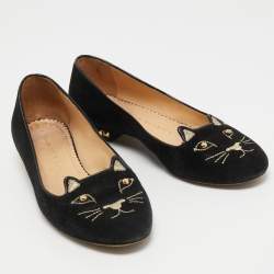 Charlotte Olympia Black Suede Kitty Ballet Flats Size 35