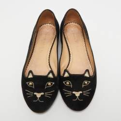 Charlotte Olympia Black Suede Kitty Ballet Flats Size 35