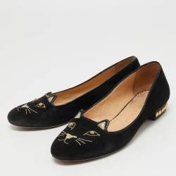 Charlotte Olympia Black Suede Kitty Ballet Flats Size 35