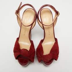 Charlotte Olympia Burgundy Croc Embossed Leather and Suede Ankle Strap Sandals Size 36