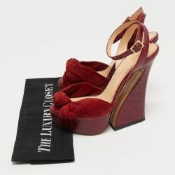 Charlotte Olympia Burgundy Croc Embossed Leather and Suede Ankle Strap Sandals Size 36