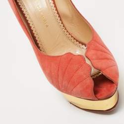 Charlotte Olympia Coral Pink Suede Peep Toe Platform Pumps Size 41