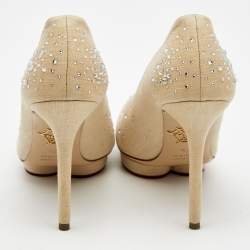 Pre Owned Charlotte Olympia Beige Canvas Crystal Embellished Pumps Size 37.5