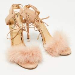 Pre Owned Charlotte Olympia Light Pink Suede and Fur Salsa Ankle Wrap Sandals Size 39