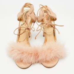 Pre Owned Charlotte Olympia Light Pink Suede and Fur Salsa Ankle Wrap Sandals Size 39