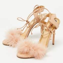 Pre Owned Charlotte Olympia Light Pink Suede and Fur Salsa Ankle Wrap Sandals Size 39