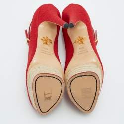 Pre Owned Charlotte Olympia Red Canvas Dolores Ankle Strap Platform Pumps Size 37.5