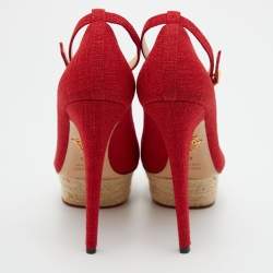 Pre Owned Charlotte Olympia Red Canvas Dolores Ankle Strap Platform Pumps Size 37.5