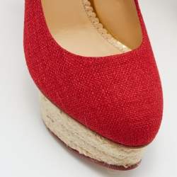 Pre Owned Charlotte Olympia Red Canvas Dolores Ankle Strap Platform Pumps Size 37.5