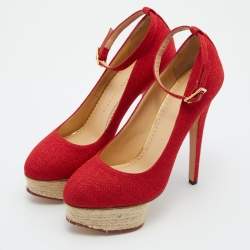 Pre Owned Charlotte Olympia Red Canvas Dolores Ankle Strap Platform Pumps Size 37.5