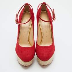 Pre Owned Charlotte Olympia Red Canvas Dolores Ankle Strap Platform Pumps Size 37.5