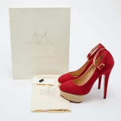 Pre Owned Charlotte Olympia Red Canvas Dolores Ankle Strap Platform Pumps Size 37.5