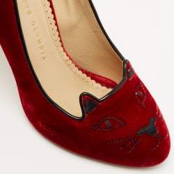 Charlotte Olympia Red Velvet Embroidered Kitty Pumps Size 37.5