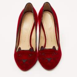 Charlotte Olympia Red Velvet Embroidered Kitty Pumps Size 37.5