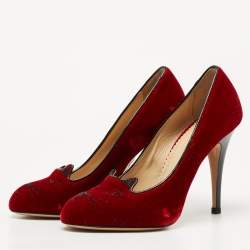 Charlotte Olympia Red Velvet Embroidered Kitty Pumps Size 37.5