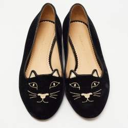 Pre Owned Charlotte Olympia Black Velvet Embroidered Kitty Ballet Flats Size 37.5
