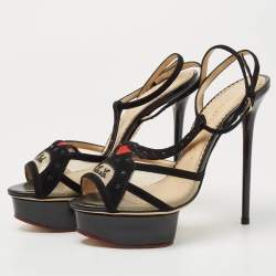 Charlotte Olympia Black Suede and Mesh Ooh Lala Print Ankle Strap Sandals Size 38