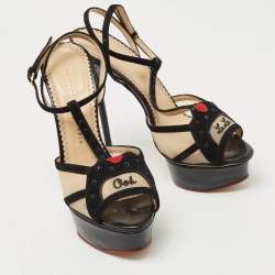 Charlotte Olympia Black Suede and Mesh Ooh Lala Print Ankle Strap Sandals Size 38