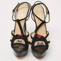 Charlotte Olympia Black Suede and Mesh Ooh Lala Print Ankle Strap Sandals Size 38